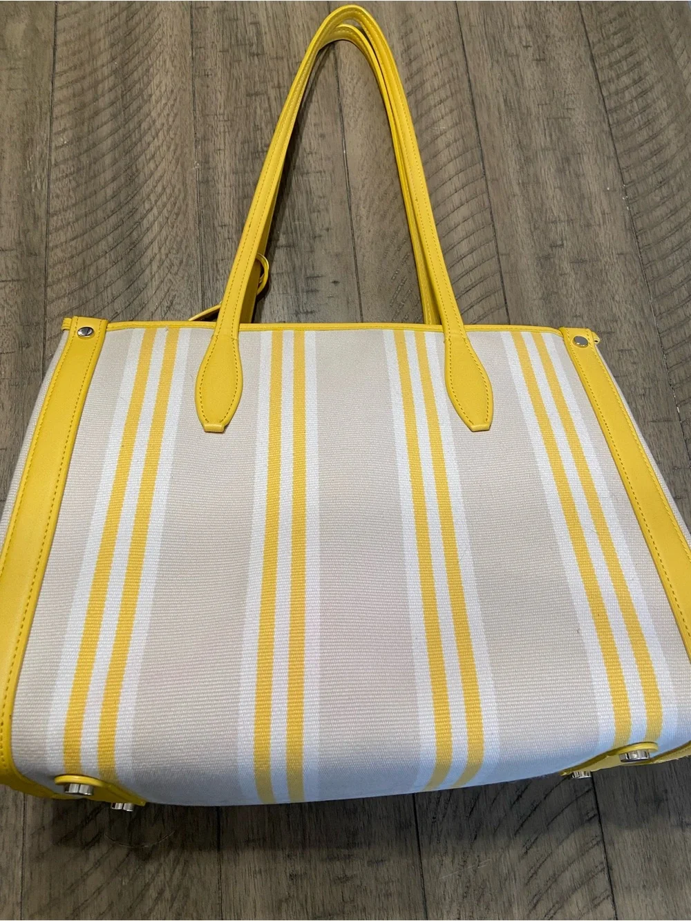 kate spade Yellow and Cream Striped Canvas Tote with Heart Charm